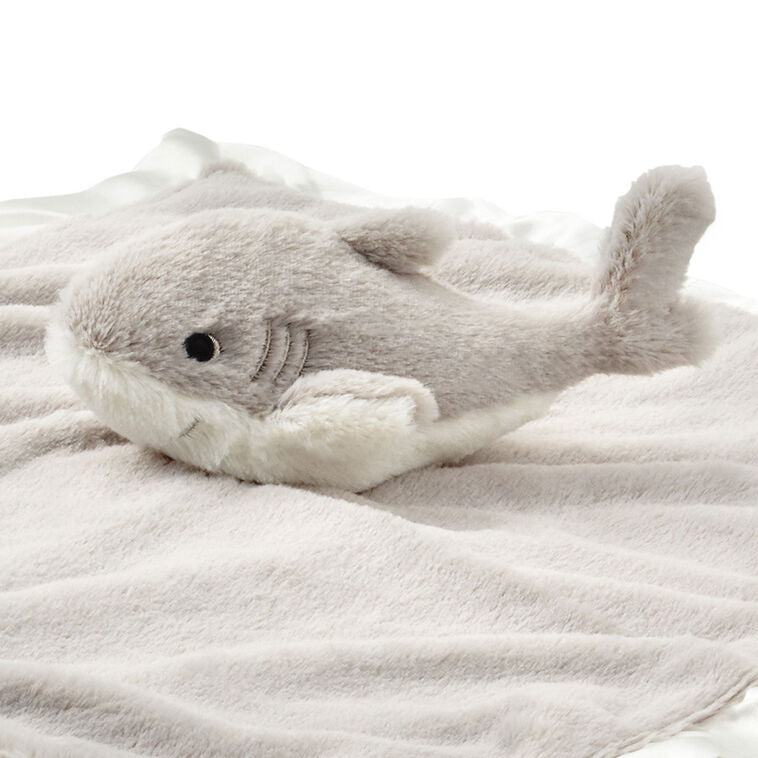 Gray and white shark lovey blanket with plush fabric, satin trim, and embroidered details—perfect for snuggling babies