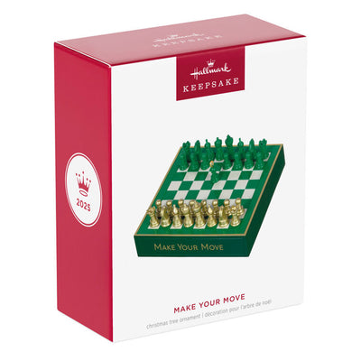 Chess ornament with green and gold pieces on green and white checkerboard, holiday decor for chess enthusiasts

