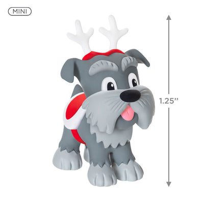 Mini gray schnauzer ornament with reindeer antlers and red blanket, Hallmark Keepsake Howliday Helpers Christmas dog collectible