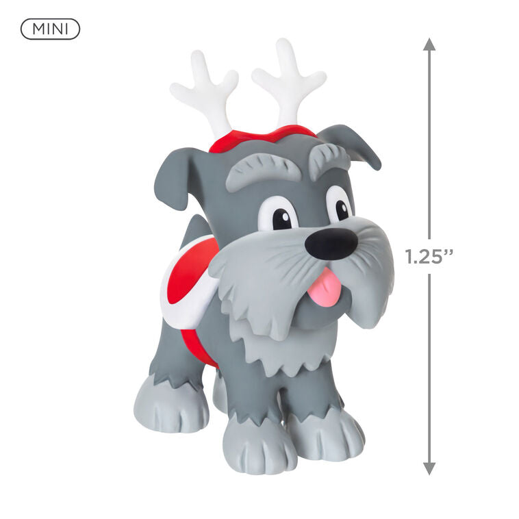 Mini gray schnauzer ornament with reindeer antlers and red blanket, Hallmark Keepsake Howliday Helpers Christmas dog collectible
