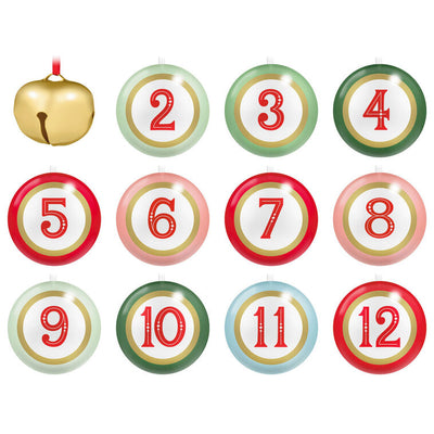 Set of 11 tin ball ornaments and gold jingle bell with North Pole Christmas characters, plus spiral-bound countdown book, Hallmark Keepsake