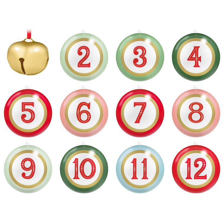 Set of 11 tin ball ornaments and gold jingle bell with North Pole Christmas characters, plus spiral-bound countdown book, Hallmark Keepsake