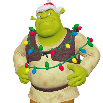 Shrek ornament with Santa hat and tangled Christmas lights around his chest and arms