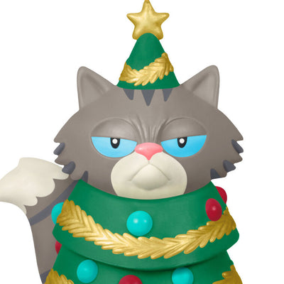 Gray-and-white tabby cat Christmas tree ornament with grumpy face, wearing festive garland and gold star

