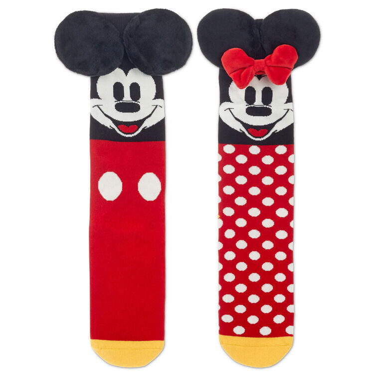 Disney Mickey and Minnie Mouse novelty socks with 3D ears and bow; mismatched crew socks make a fun gift for Disney fans.