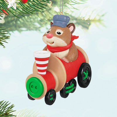 Hallmark Keepsake Cute as a Button ornament—hamster on red train engine with spools of thread, black button wheels, striped smokestack made of buttons
