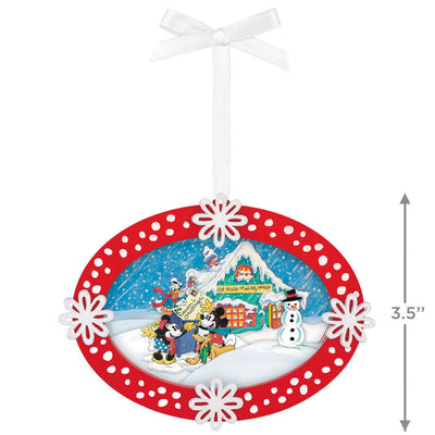 Hallmark Keepsake Disney Mickey and Friends Sending Season’s Greetings Papercraft ornament, Mickey, Minnie, Donald, Pluto, mailbox, holiday scene.