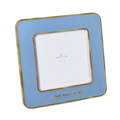 Blue enamel square picture frame with gold trim and “One rad dad” caption below 4x4 photo opening.