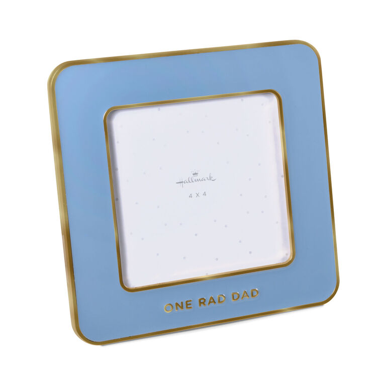 Blue enamel square picture frame with gold trim and “One rad dad” caption below 4x4 photo opening.