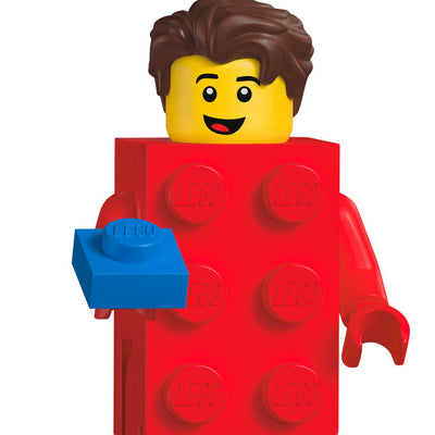 LEGO minifigure ornament with red brick body and blue hand-held piece, smiling boy with brown hair.
