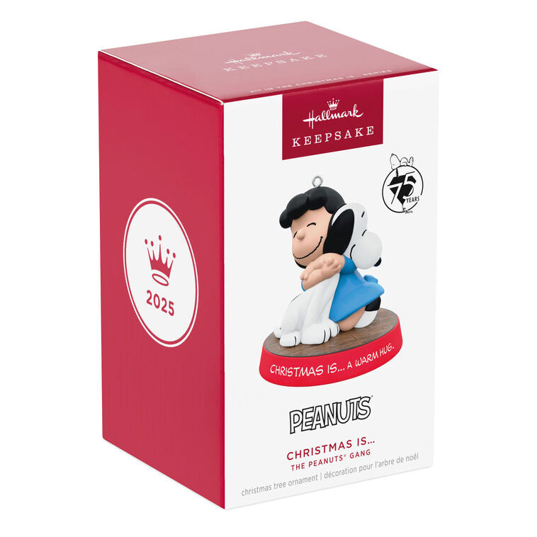 Hallmark Keepsake ornament of Lucy hugging Snoopy, Peanuts Gang Christmas Is series, red base with heartfelt sentiment