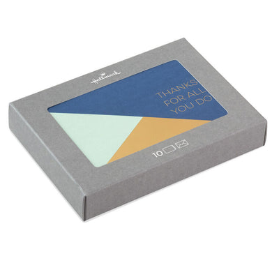 Modern thank you cards with navy, sage, and gold triangle color blocks and foil text, includes 10 blank cards and white envelopes