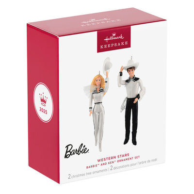 Barbie and Ken Western Stars ornaments in black and white cowboy outfits, hats, boots, and silver accents, Hallmark Keepsake set of 2.