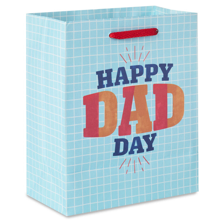 Light blue small gift bag with white grid pattern and bold &
