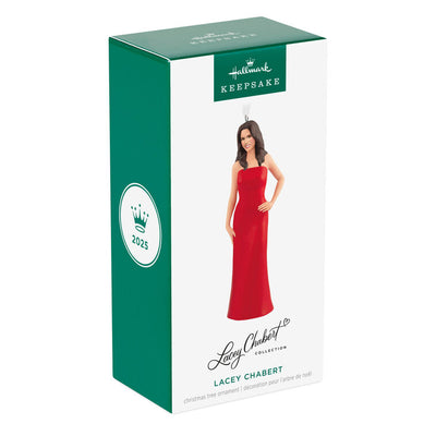 Hallmark Keepsake Lacey Chabert porcelain ornament, actress in a red holiday dress, inspired by Countdown to Christmas movies.