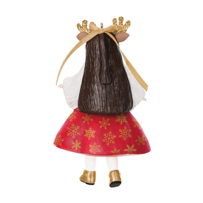 Deer Santa Wendy in red dress with gold snowflakes, antler headband, gold shoes, and white shrug, Hallmark Keepsake ornament