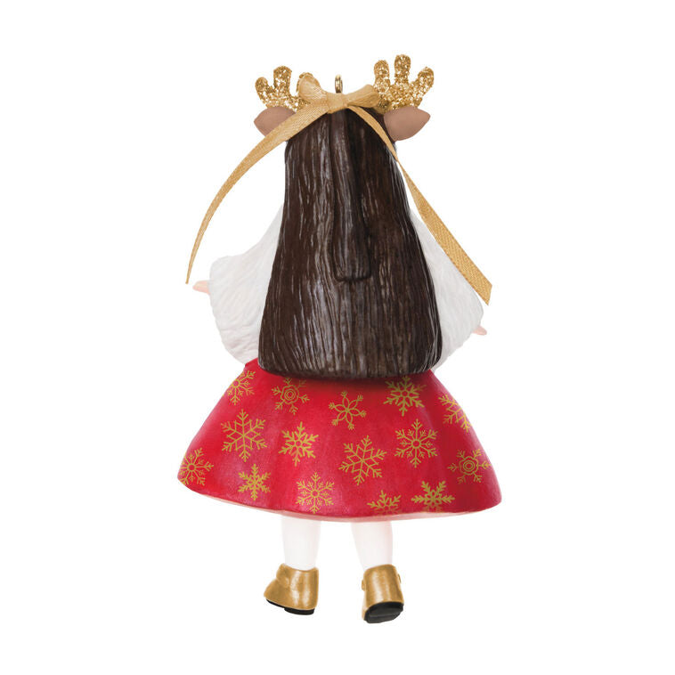 Deer Santa Wendy in red dress with gold snowflakes, antler headband, gold shoes, and white shrug, Hallmark Keepsake ornament