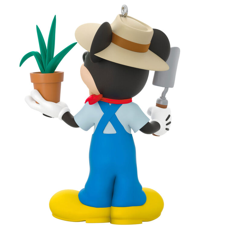 Hallmark Keepsake ornament of Mickey Mouse in overalls and sun hat, holding a potted plant and garden trowel, Disney All About Mickey series
