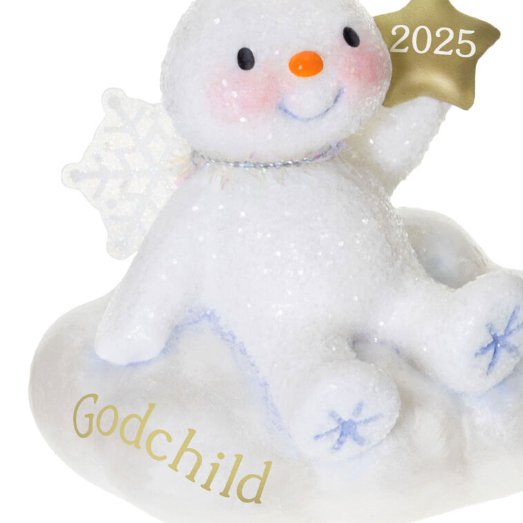 Sparkling snow angel Christmas ornament holding a gold 2025 star, seated on a cloud, for godchild holiday keepsake

