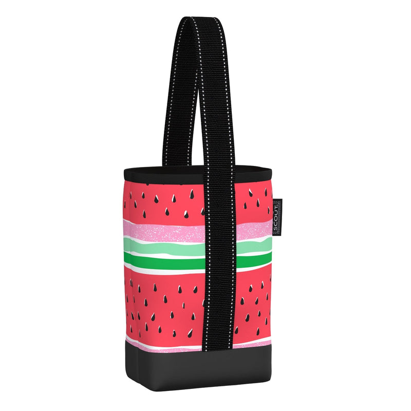SCOUT Drinking Buddy wine tote in Melondramatic print, holds two bottles with padded divider, foam insulation, and reinforced base.