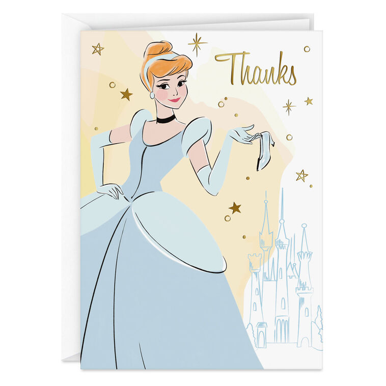 Thank-you cards featuring Disney’s Cinderella in her ball gown with a glass slipper, gold foil stars, and castle sketch.
