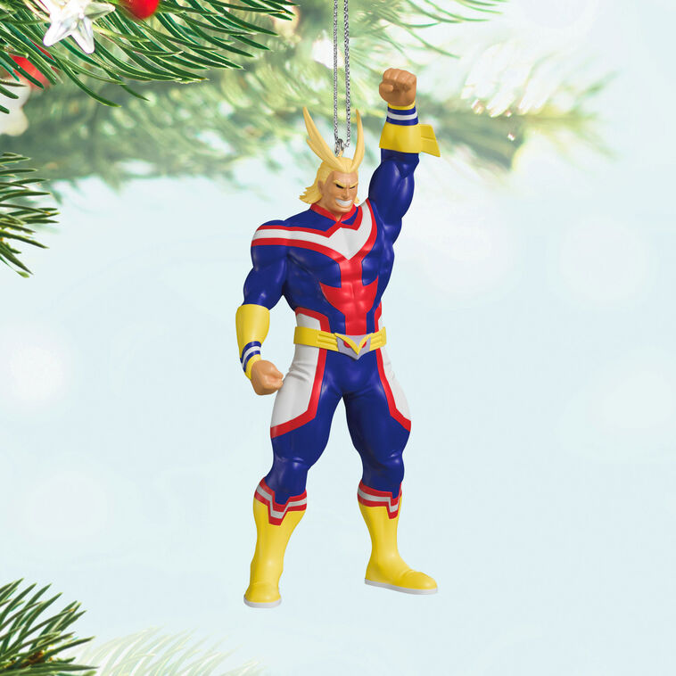 All Might Christmas tree ornament in hero pose from My Hero Academia, featuring yellow hair, red-blue suit, and raised fist.