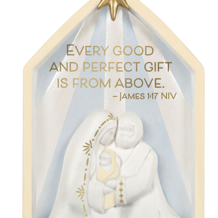 Porcelain nativity ornament with Holy Family, Star of Bethlehem, white and gold design, scripture verse, Christmas decor

