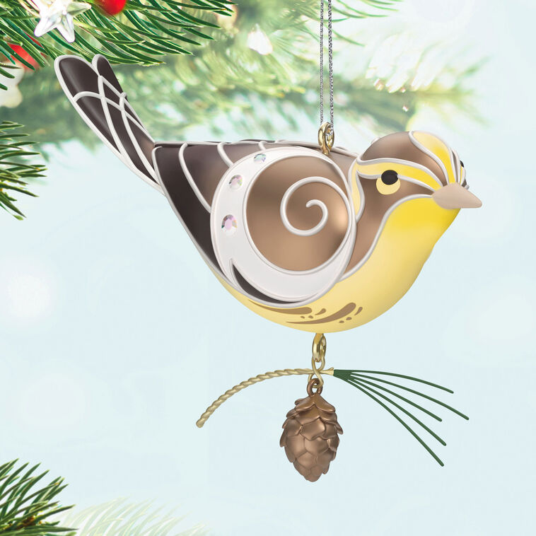 Hallmark Keepsake Beauty of Birds Lady Blackburnian Warbler ornament, yellow and brown bird with metallic silver accents and pine cone, Christmas decor.