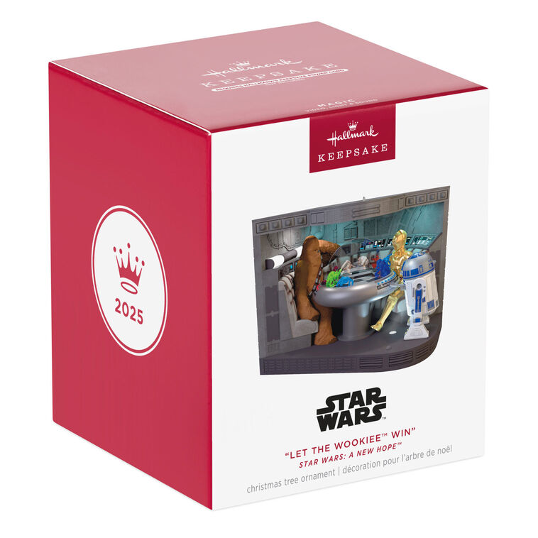 Star Wars Let the Wookiee Win ornament, Chewbacca, R2-D2, holochess scene, video, light and sound, Hallmark Keepsake, Christmas decoration.