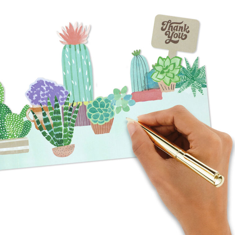 Die-cut thank-you cards with fold-out illustrated potted succulents and cacti in display-ready shapes.
