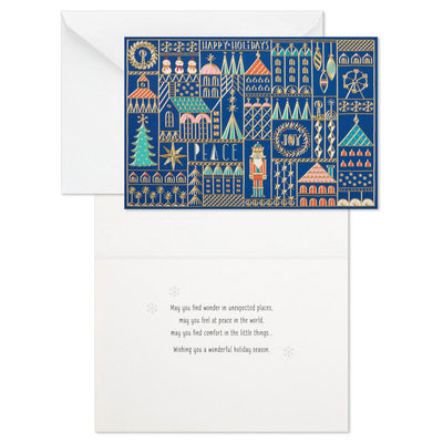 UNICEF Geometric Christmas Village on Blue Boxed Christmas Cards, Pack of 12