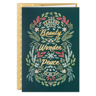 The Season's Gifts Lettering on Green Boxed Christmas Cards, Pack of 16