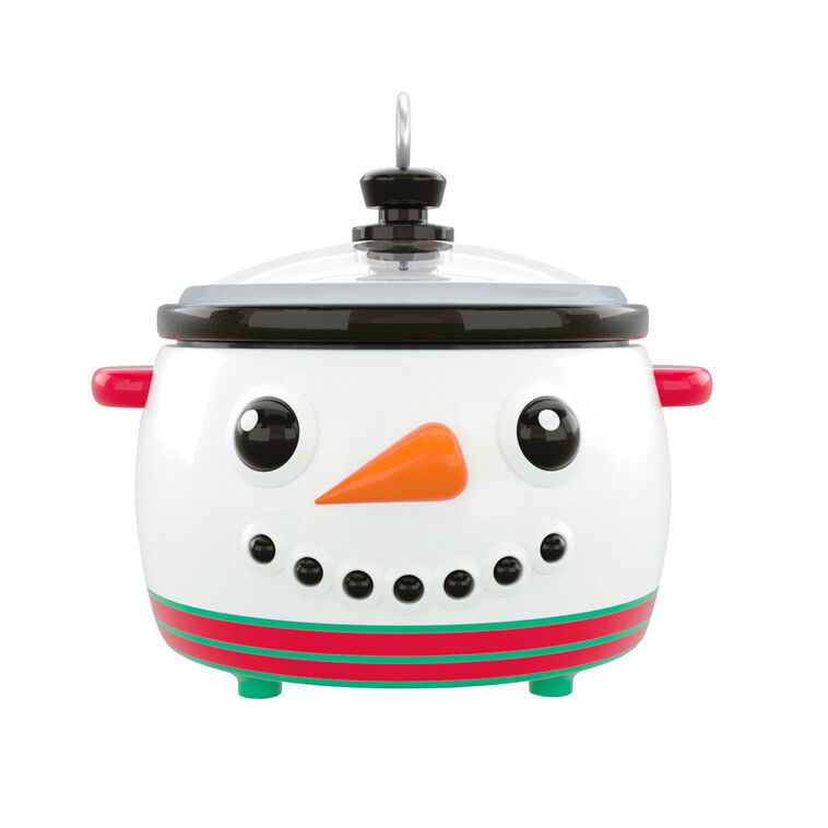 Mini slow cooker Christmas ornament with snowman face, red and green accents, Hallmark Keepsake holiday collectible

