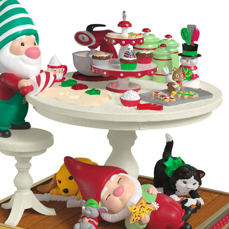 Gnome rolls cookie dough on baking table with hamster and tools, while animals play beneath in this Hallmark Keepsake ornament.