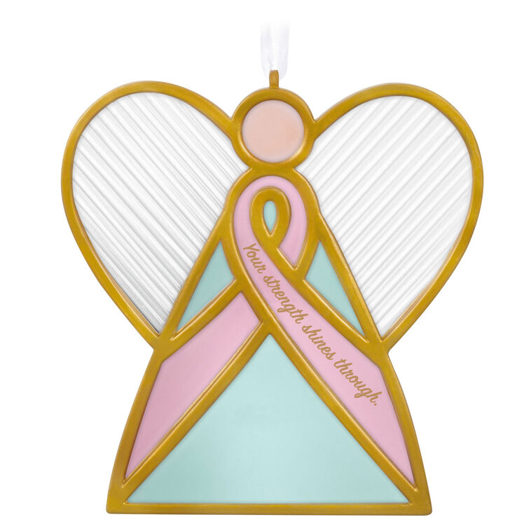 Pink ribbon angel ornament—Hallmark glass angel with gold outlines and pink breast cancer awareness ribbon, benefits Susan G. Komen®