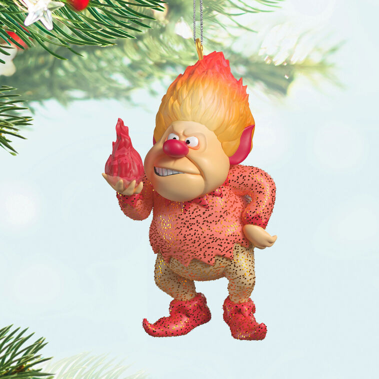 Heat Miser Christmas tree ornament from The Year Without a Santa Claus, featuring a red-hot fireball, glowing hair, and nostalgic holiday design.