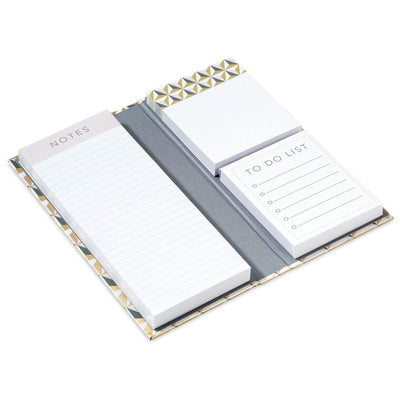 Memo pad folio with blush, pink, gray, and gold geometric cover, includes lined and blank note pads inside.

