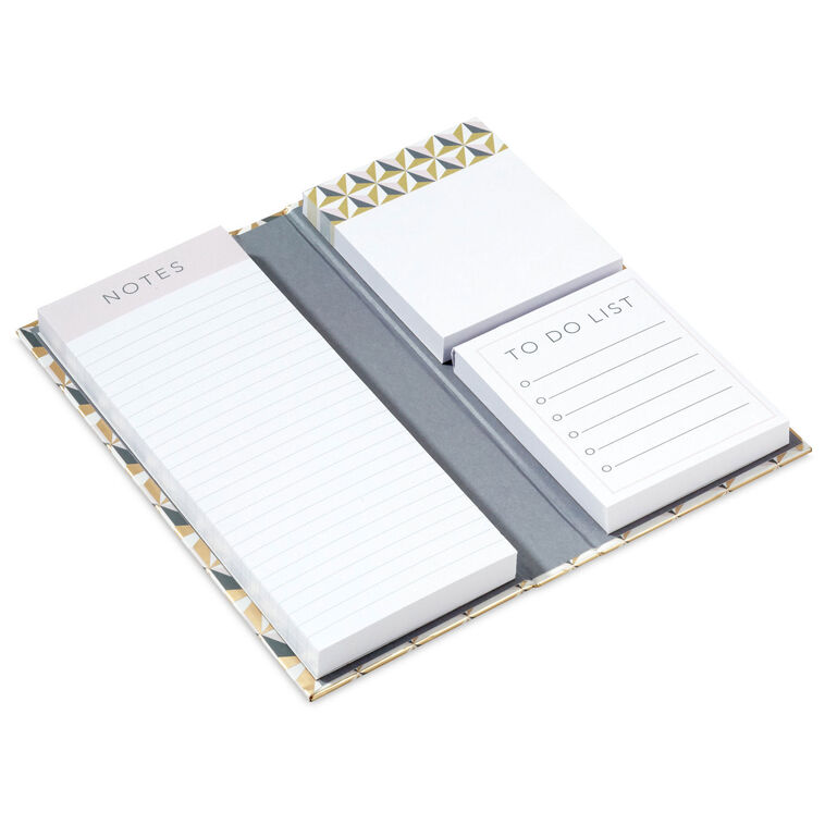 Memo pad folio with blush, pink, gray, and gold geometric cover, includes lined and blank note pads inside.
