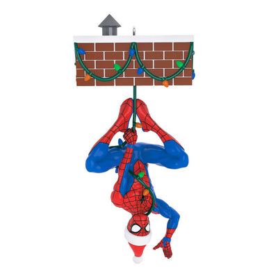 Spider-Man Peekbuster ornament, Marvel hero hanging upside down, motion-activated sound, Hallmark Keepsake, Christmas tree decoration.