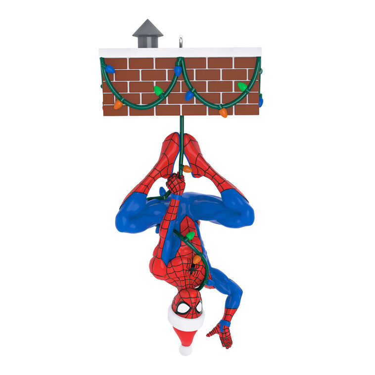 Spider-Man Peekbuster ornament, Marvel hero hanging upside down, motion-activated sound, Hallmark Keepsake, Christmas tree decoration.