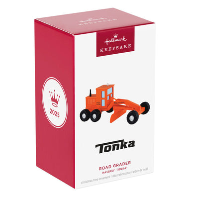 Hallmark Keepsake Hasbro Tonka Road Grader ornament, orange die-cast metal construction vehicle toy with turning wheels, vintage-style design.