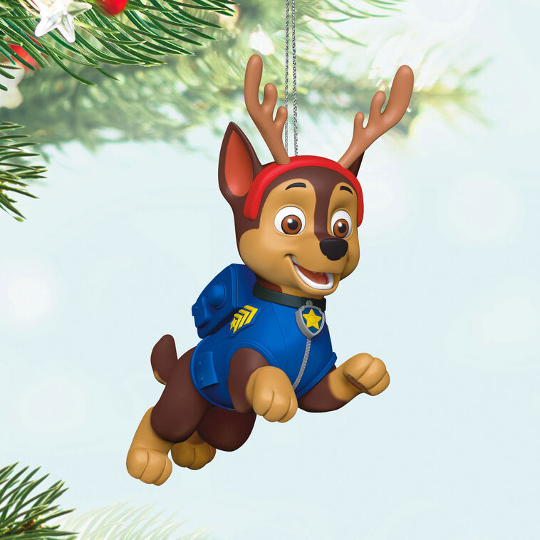 Chase Paw Patrol Christmas ornament in blue uniform with reindeer antlers, Hallmark Keepsake, German shepherd pup holiday decoration.