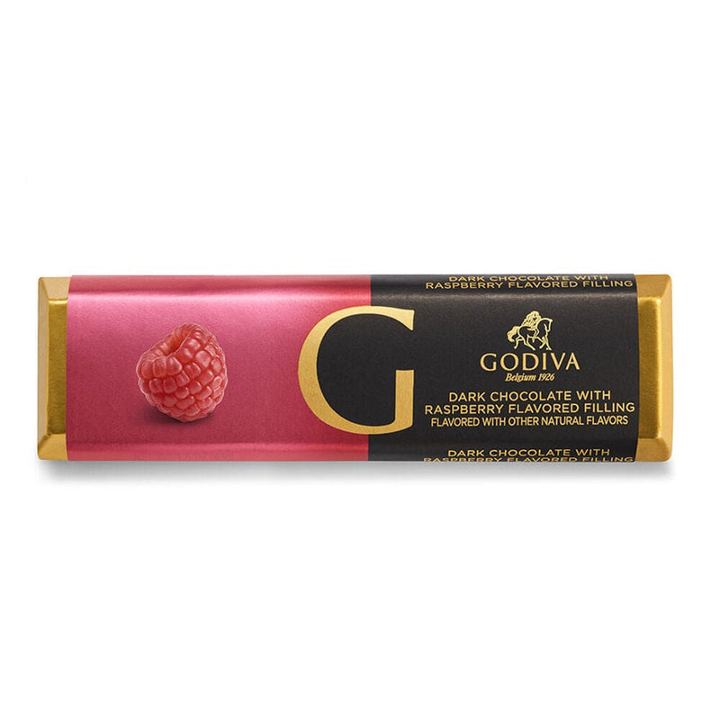 A 1.5 oz Godiva dark chocolate bar with raspberry flavor, wrapped in premium packaging and perfect for gifting or personal indulgence.

