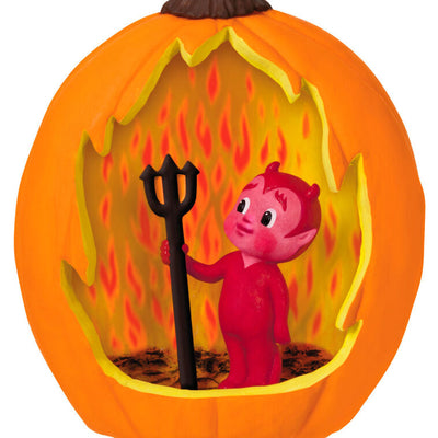 Halloween ornament with jack-o'-lantern and friendly devil holding pitchfork against red flame backdrop