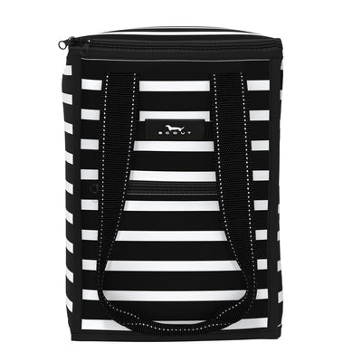 Melondramatic medium soft cooler fits 5 wine bottles upright, insulated with zip closure and exterior storage pockets.