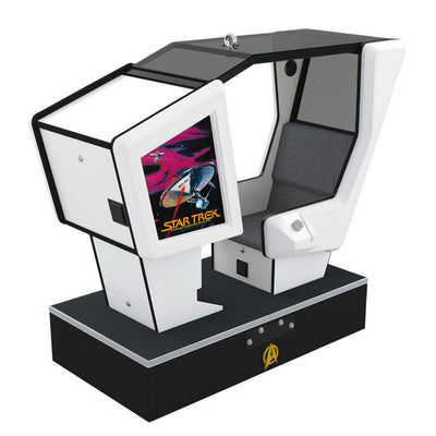 Hallmark Star Trek arcade game ornament—miniature 1980s simulator cabinet with screen, joystick, and seat, lights and sound