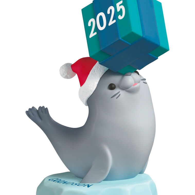 Gray seal ornament in Santa hat balancing gift on nose, sitting on iceberg, year-dated 2025 for grandson Christmas gift

