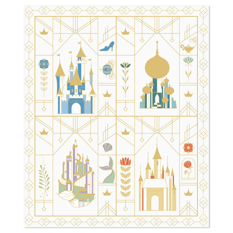 Disney Princess fleece throw blanket with castles from Cinderella, Beauty and the Beast, Aladdin, and  , 50x60 inches.