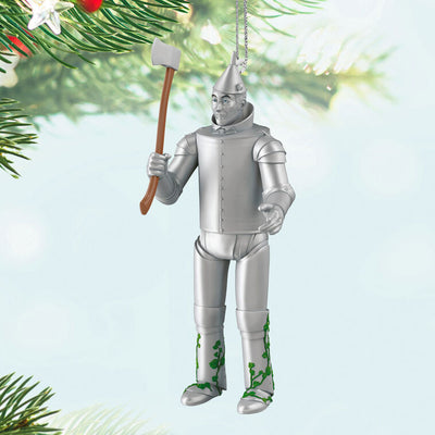 Tin Man ornament, Wizard of Oz character holding ax, silver costume, Hallmark Keepsake, Christmas tree decoration, classic movie collectible.