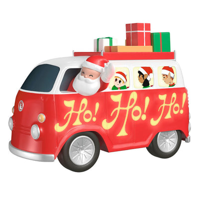 Santa and groovy elves in vintage van Christmas ornament with lights and music, battery operated holiday decoration

